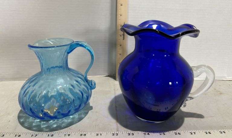 Cobalt Blue Quilted Diamond Optic Pitcher & Cobalt Blue Glass Pitcher