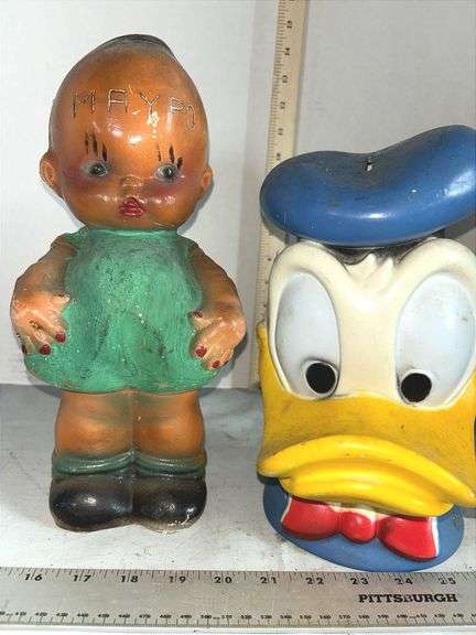 12" Tall Chalkware Kewpie Doll & 1970’s Donald Duck Vinyl Bank