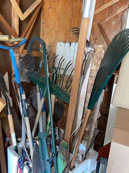 28” tall Wood 23”x23” Tool Caddy + Lawn & Garden Tools