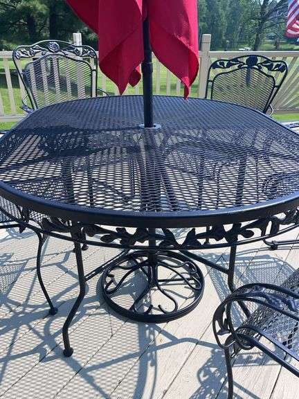Metal 29” tall Table (54”x38”) w/ Six Chairs + Umbrella & 19” tall 24” round Side Table