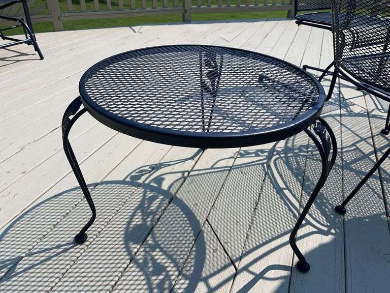Metal 29” tall Table (54”x38”) w/ Six Chairs + Umbrella & 19” tall 24” round Side Table