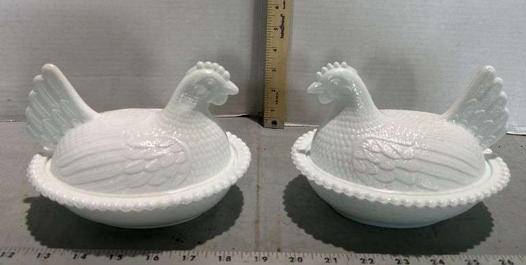 Two White Milk Glass Hens On Nest Candy Dishes