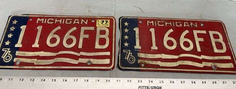 Two Michigan Centennial Licenses Plates 1976