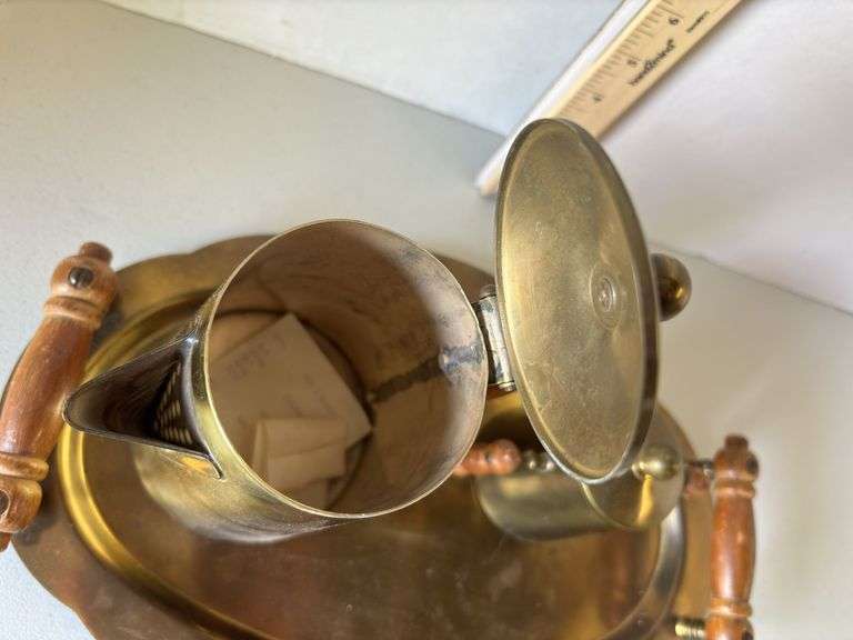 1942 Blake Brass Coffee Pot, Creamer & Sugar Bowl w/ Wood Handles