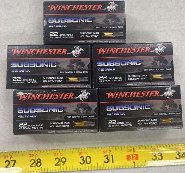 5 Ctn. (250 Cartridges) Winchester 22LR 42 GR 1065 FPS Subsonic 42 Max Ammo