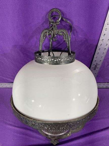 Antique Hanging Cast Iron Milk Glass Oil Lamp Converted To Electric Bulb