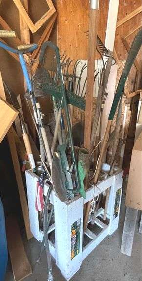 28” tall Wood 23”x23” Tool Caddy + Lawn & Garden Tools