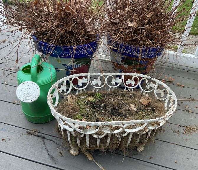 Cast Iron 10”x20”x13” Planter, Two Ceramic Planters & Watering Can