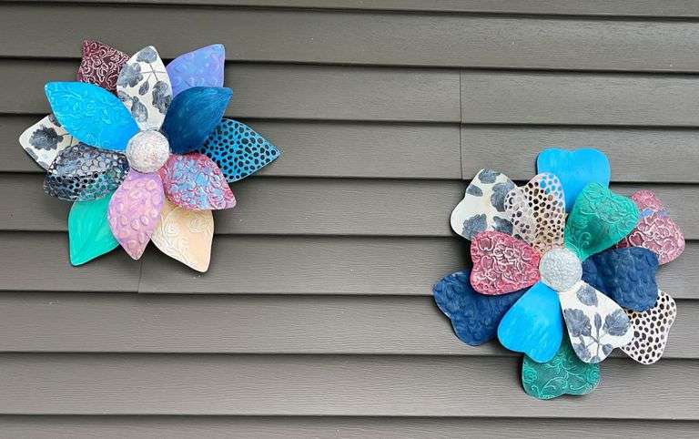 Two Painted 17” round Metal Flowers & 18” round Welcome Metal Bird Wreath