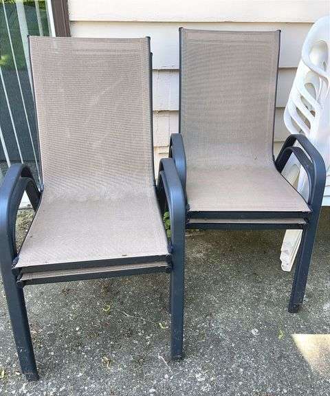 Four Patio Chairs & Five Stackable Plastic Chairs + 42” Round Metal Table & Umbrella