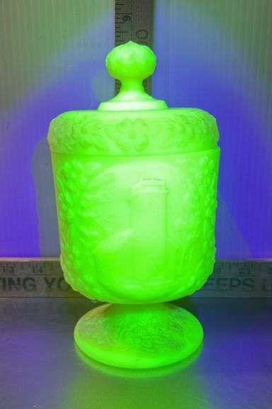 Fenton Burmese Uranium Glass Covered Candy Jar