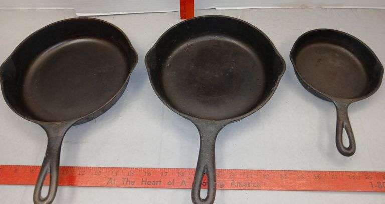 Two Wagner Cast Iron Pans & One Unmarked Cast Iron Pan w/ Heat Ring