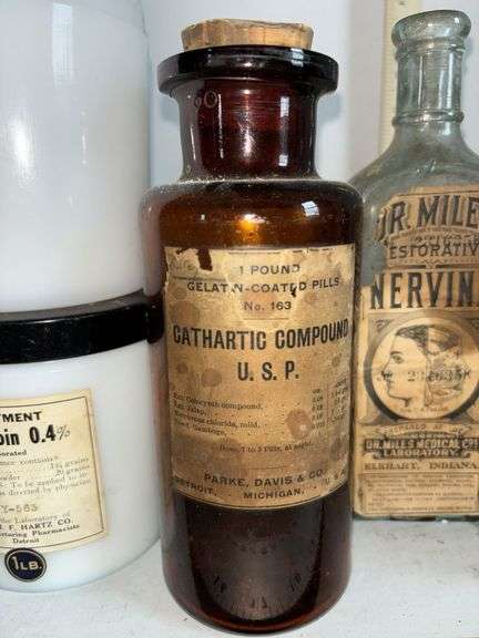 Davis & Co. Mercury Stoneware Jug & Assorted Apothecary Bottles