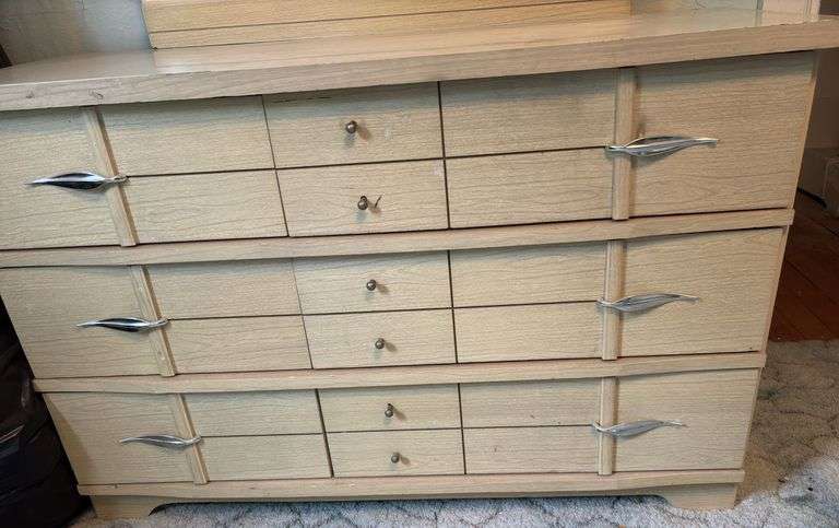 Mid Century Modern Blond Six Drawer Dresser- 47”W X 62”T with Mirror