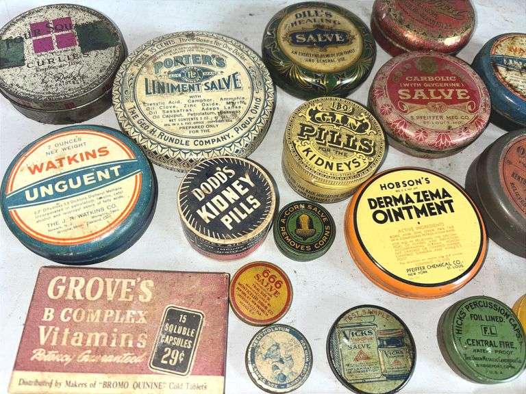Watkins Unguent, Dodd’s Kidney Pills Box & Other Collectable Medicine Tins