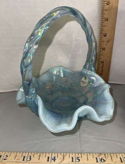 Fenton Iridescent Blue Basket & Alum Bay Glass Neptune Pitcher