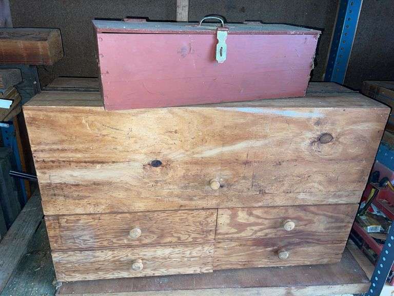 Carpenters 21”x34”x10” Wood Tool Box + Tools & Small Wood Toolbox