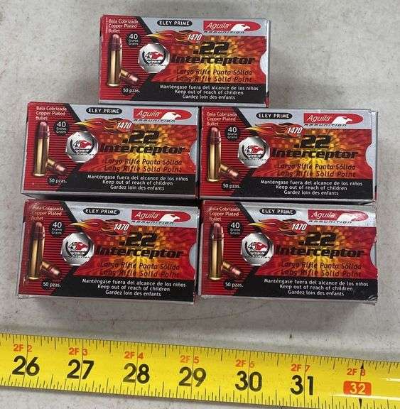 5 Ctn. (250 Ct.) .22LR Aguila Interceptor Eley Prime 40 GR Copper Plated Bullet