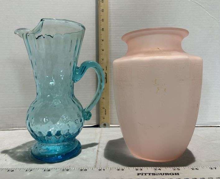 Blue Glass Pitcher Ewer Italian Molded Blown Glass 9” Pinched Pour Spout & 1931 Princess Pink Satin 