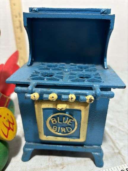 1963 Fisher Price Parrot Pull Toy, Blue Bird Cast Iron Cook Stove & Wooden Airplane