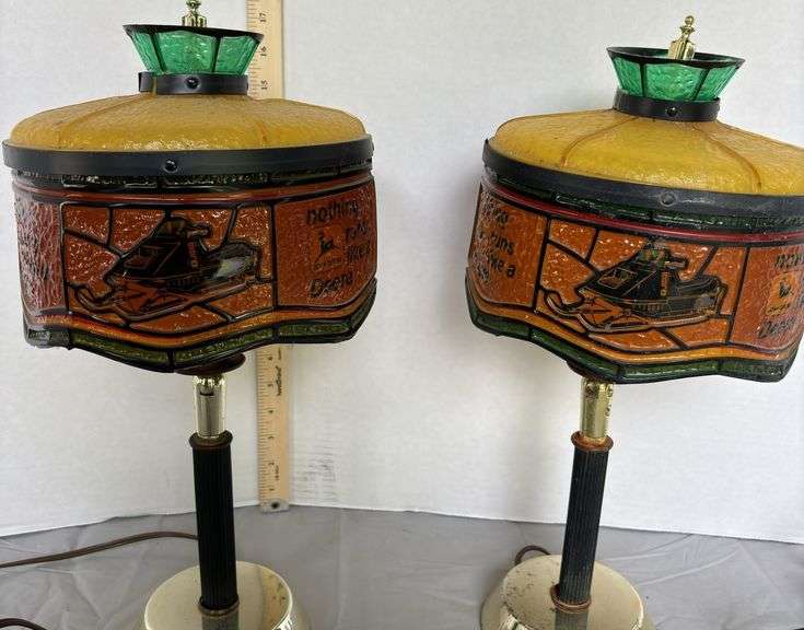 Stained- Glass Style John Deere Snowmobile & Tractor Electric Lamps