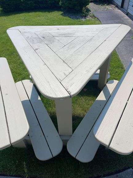Wood 38” tall- 52” Triangle Table w/ Benches & Foot Rests