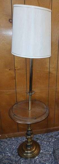 "Stiffel Style" Brass & Wood Table w/ Railing + 61" tall Floor Lamp