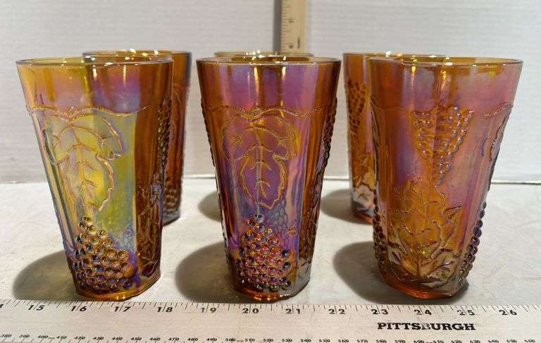 Six Indiana Carnival Glass Amber Grape Iridescent Tumbler