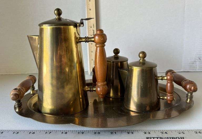 1942 Blake Brass Coffee Pot, Creamer & Sugar Bowl w/ Wood Handles