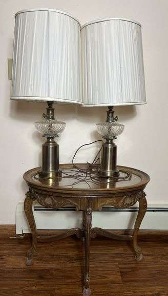 Antique Carved Wooden Side Table w/ Glass Top (21”T,27”L,19”W) + Brass & Cut Glass Table Lamps