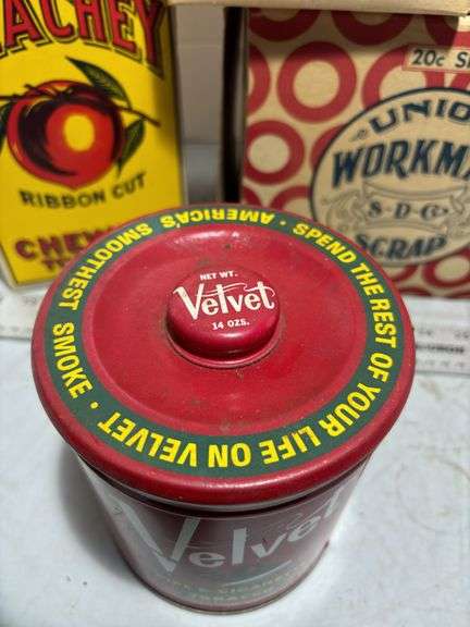 Peaches, Reek, Pep, Union Workman Tobacco Advertisement Boxes & Velvet Tobacco Tin