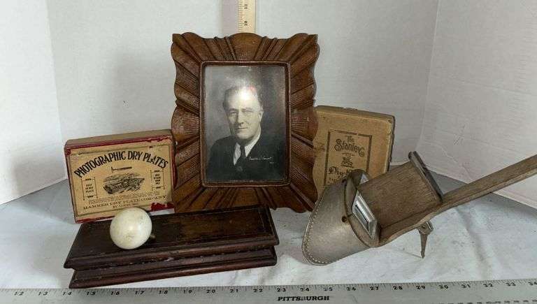 Franklin D. Roosevelt Photo in Wood Frame, 1900's Stereoscopic Viewer, Sharpening Stone & More