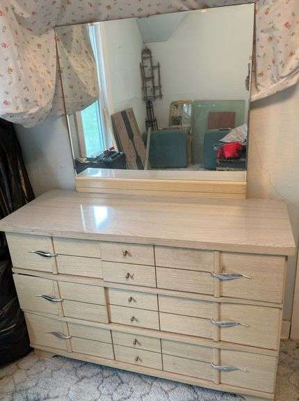 Mid Century Modern Blond Six Drawer Dresser- 47”W X 62”T with Mirror