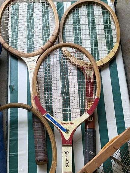 Five Vintage Tennis Rackets & Golf Clubs, Bag Captains Chair + Misc. Items