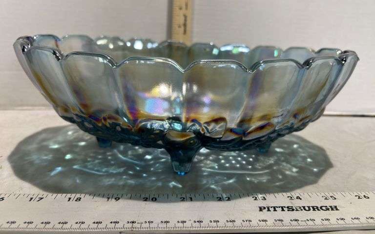 Indiana Glass Blue Iridescent Carnival Glass Harvest Footed Oval Bowl