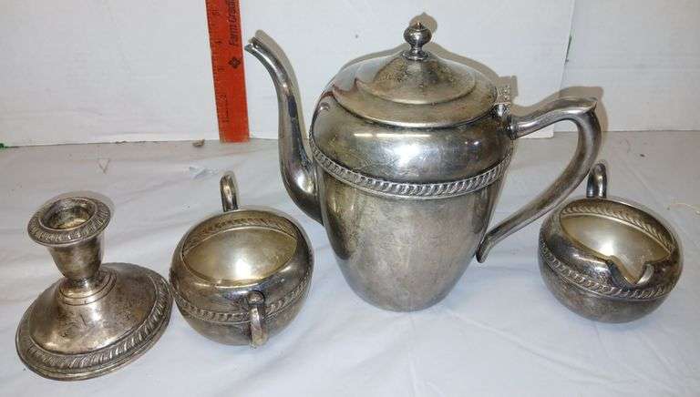 Sterling Silver Candle Holder, B.Rogers Silver Tea Pot, Cream and Sugar