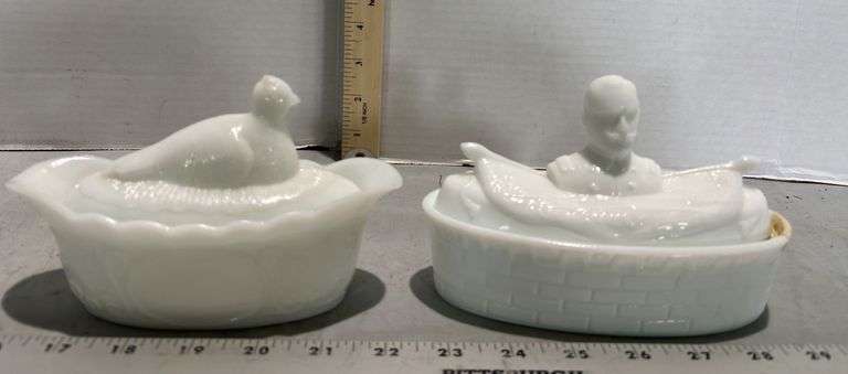 Fenton Art Glass Hobnail Milk Glass Bon Bon Handled Dish & Milk Glass Covered Dish Commemorating Adm