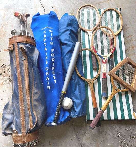 Five Vintage Tennis Rackets & Golf Clubs, Bag Captains Chair + Misc. Items