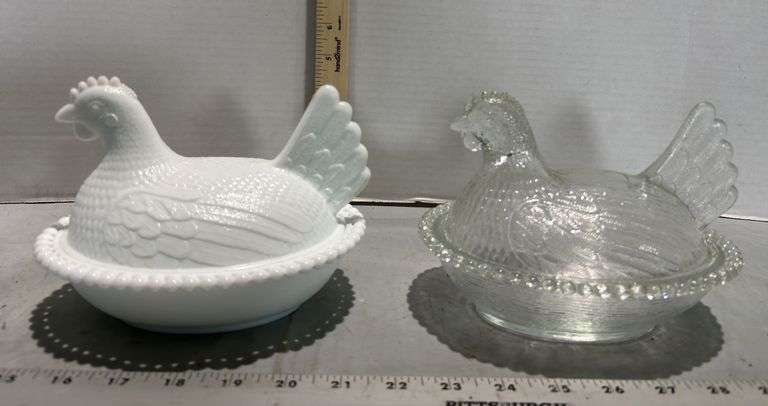 Indiana Glass White Milk Glass Chicken Hen on Nest Covered Dish & Clear Glass Hen on Nest Covered Di