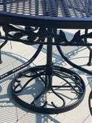Metal 29” tall Table (54”x38”) w/ Six Chairs + Umbrella & 19” tall 24” round Side Table