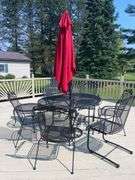 Metal 29” tall Table (54”x38”) w/ Six Chairs + Umbrella & 19” tall 24” round Side Table