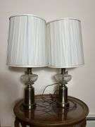 Antique Carved Wooden Side Table w/ Glass Top (21”T,27”L,19”W) + Brass & Cut Glass Table Lamps