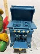 1963 Fisher Price Parrot Pull Toy, Blue Bird Cast Iron Cook Stove & Wooden Airplane
