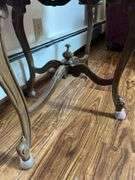 Antique Carved Wooden Side Table w/ Glass Top (21”T,27”L,19”W) + Brass & Cut Glass Table Lamps