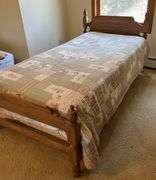 Wooden Twin Bed Frame, Mattress & Box Spring + Bedding