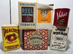 Peaches, Reek, Pep, Union Workman Tobacco Advertisement Boxes & Velvet Tobacco Tin