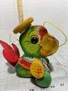 1963 Fisher Price Parrot Pull Toy, Blue Bird Cast Iron Cook Stove & Wooden Airplane