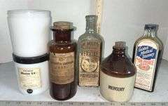 Davis & Co. Mercury Stoneware Jug & Assorted Apothecary Bottles