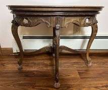 Antique Carved Wooden Side Table w/ Glass Top (21”T,27”L,19”W) + Brass & Cut Glass Table Lamps