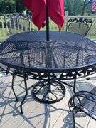 Metal 29” tall Table (54”x38”) w/ Six Chairs + Umbrella & 19” tall 24” round Side Table
